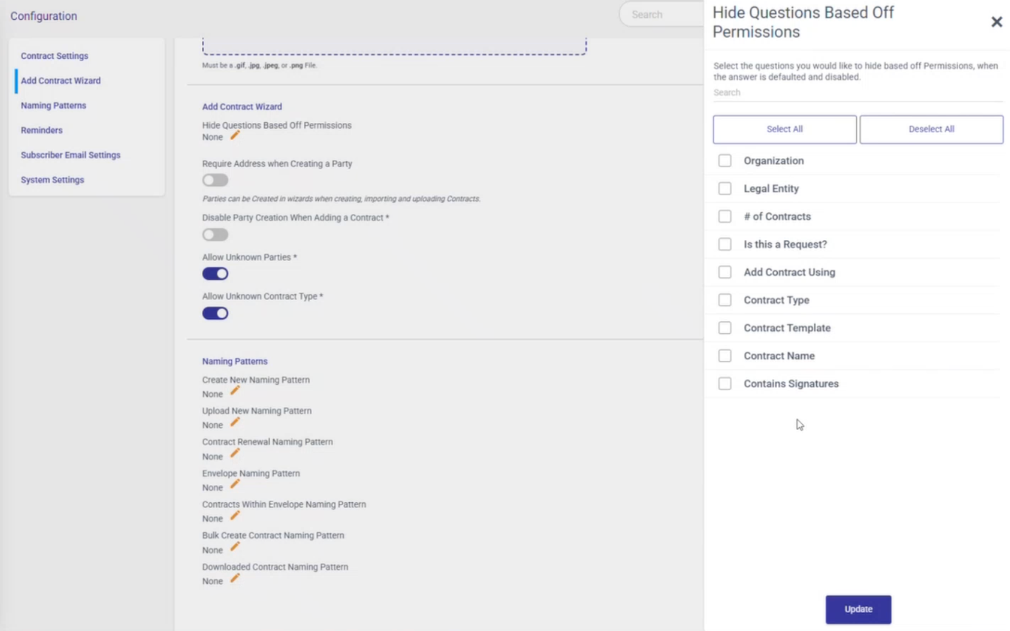 Hide Questions Based Off Permissions flyout on the Add Contract Wizard configuration page