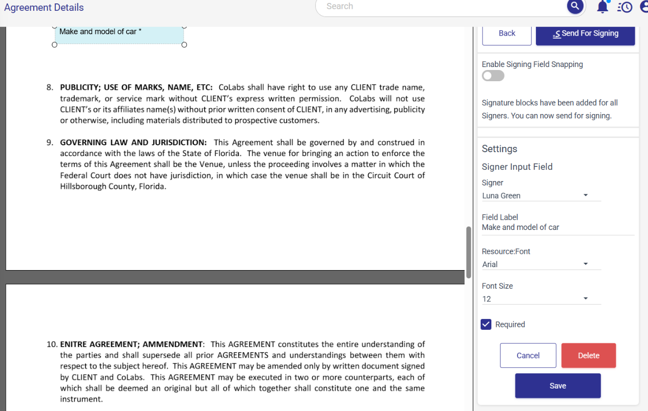 Placing signer input fields on a document before sending for signature