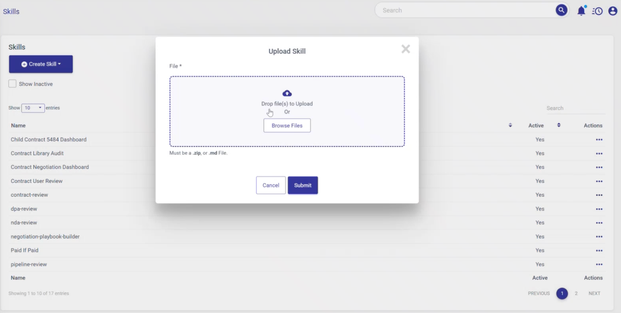 Upload Skill dialog that accepts .zip or .md files