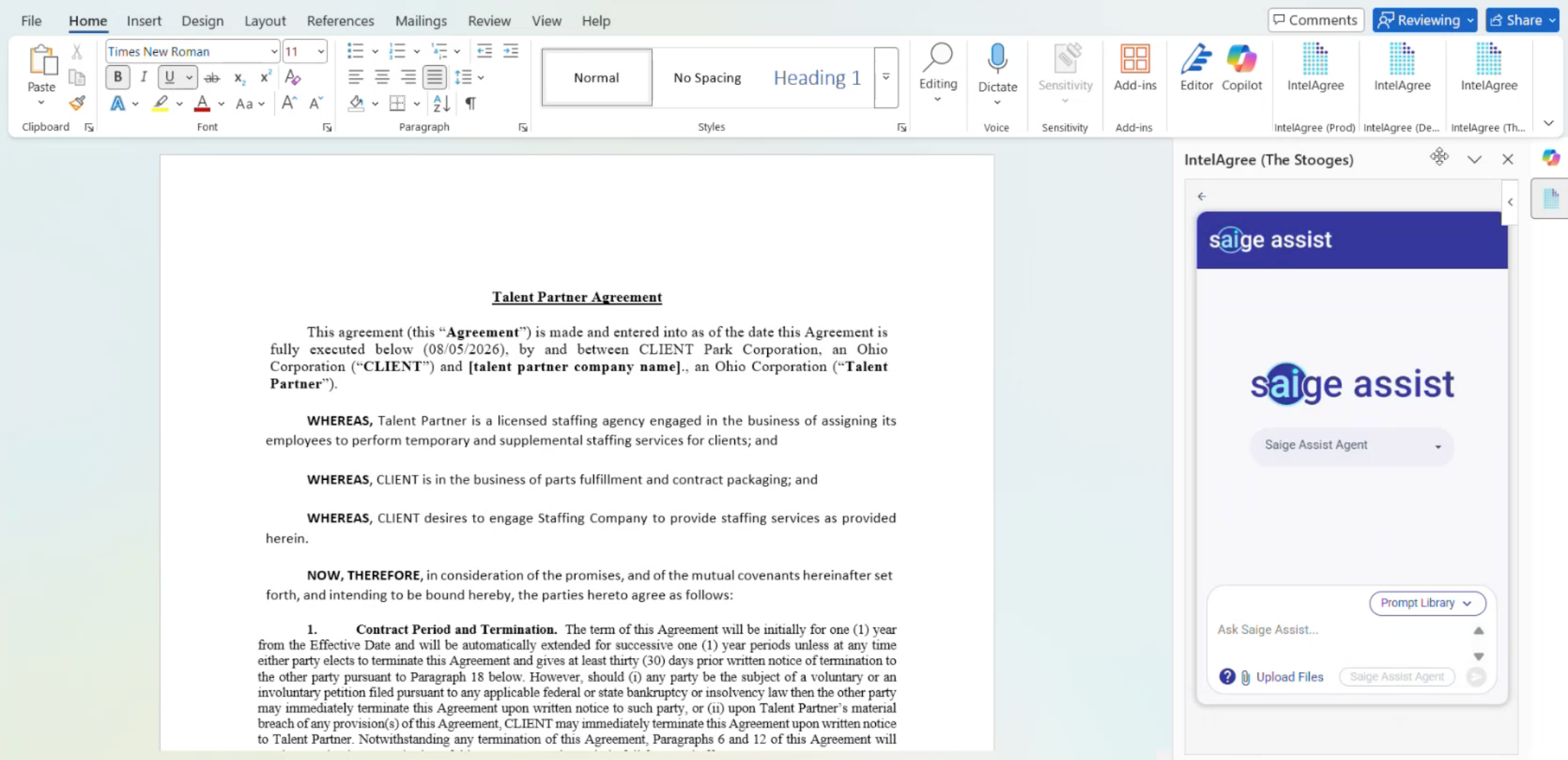 Saige Assist Agent panel open in the Microsoft Word add-in