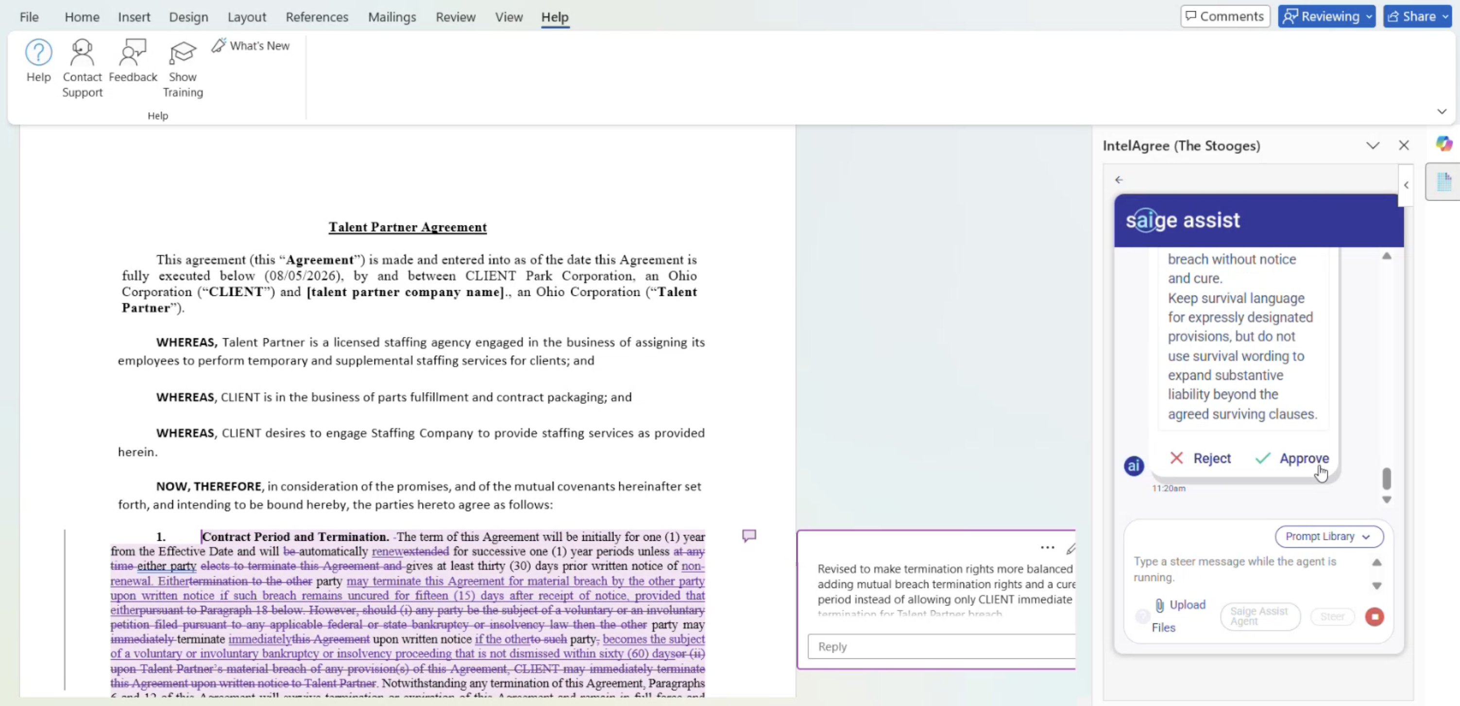 Agent redlining a contract in Microsoft Word and asking for approval before saving a playbook rule