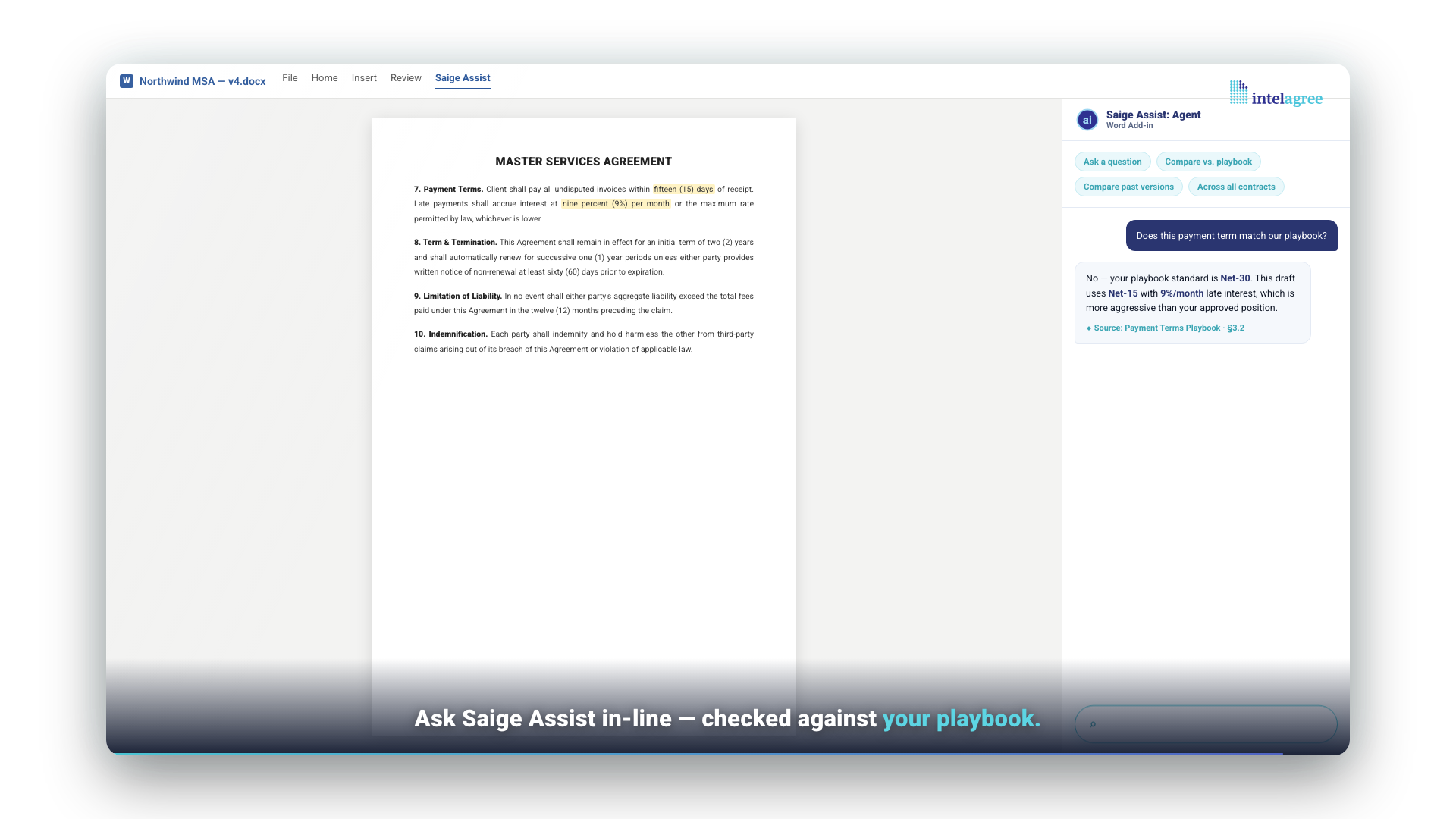 Saige Assist inside Microsoft Word: a payment term is checked against the playbook — flagged as Net-15 versus the Net-30 standard — with the source clause cited.