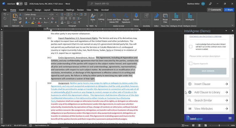 IntelAgree inside Microsoft Word — clause library in action